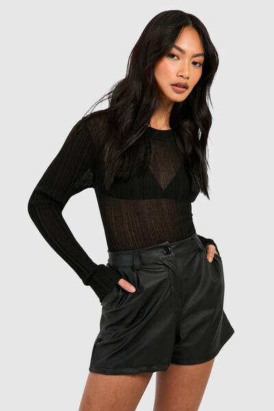  Boohoo Faux Leather Look High Waisted Short, Black 