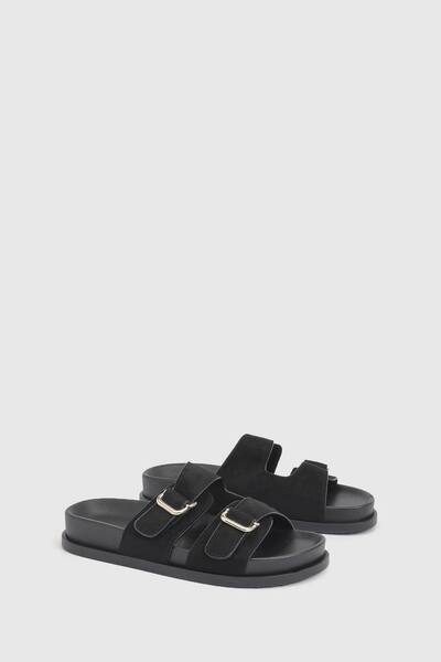  Boohoo Faux Suede Adjustable Double Buckle Footbed Sliders, Black 