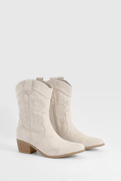  Boohoo Faux Suede Embroidered Western Ankle Cowboy Boots, Light Beige 