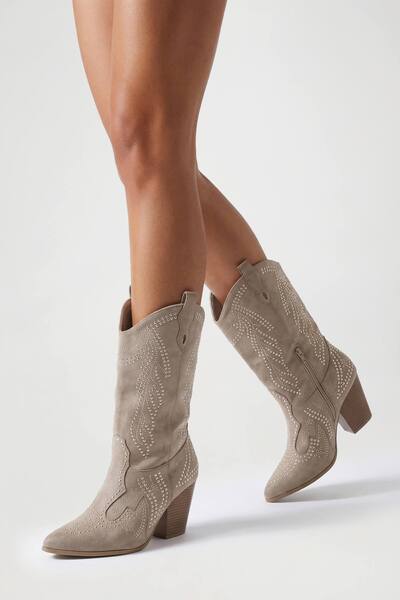  Boohoo Faux Suede Stud Detail Western Boots, Beige 