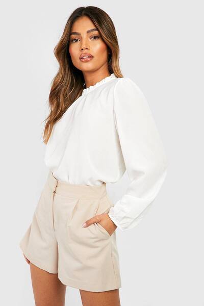  Boohoo Frill Neck Long Sleeve Woven Blouse, Ivory 