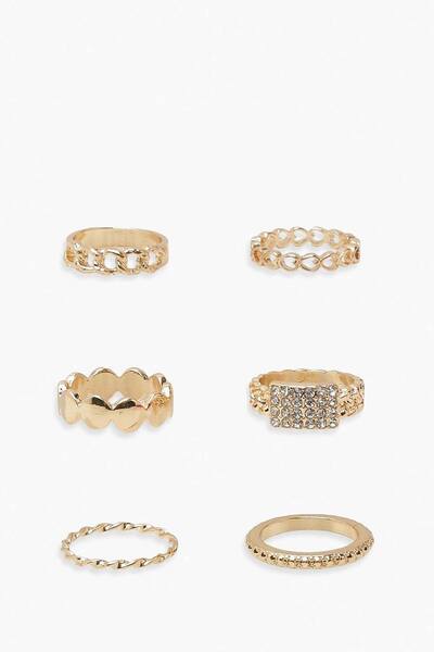  Boohoo Gold Assorted Diamante 6 Pack Ring Set 