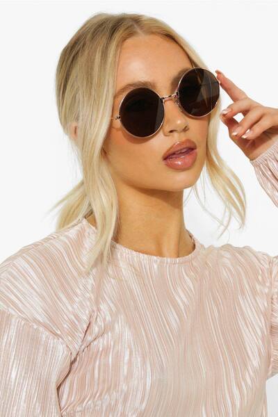  Boohoo Gold Round Frame Brown Tinted Sunglasses 