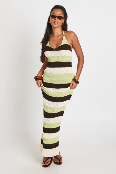  Boohoo Halter Neck Crochet Beach Maxi Dress, Sage 