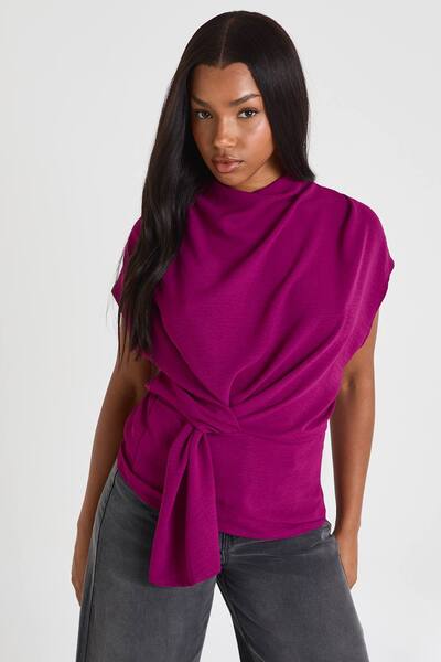  Boohoo Hammered Knot Front Cowl Neck Blouse, Plum 
