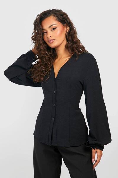  Boohoo Hammered Volume Sleeve Fitted Blouse, Black 
