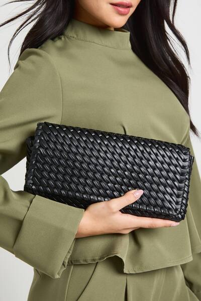  Boohoo Hand Woven Fold Over Clutch Bag, Black 