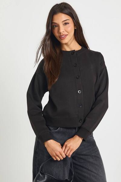  Boohoo High Neck Fleece Cardigan Sweater, Black 