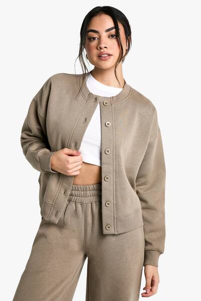  Boohoo High Neck Fleece Cardigan Sweater, Khaki 