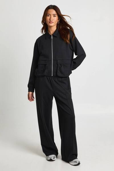  Boohoo Interlock Cargo Pocket Zip Through Bomber Sweatshirt, Black 