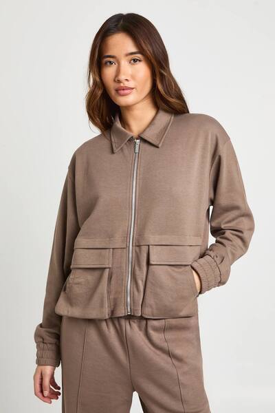  Boohoo Interlock Cargo Pocket Zip Through Bomber Sweatshirt, Mushroom 