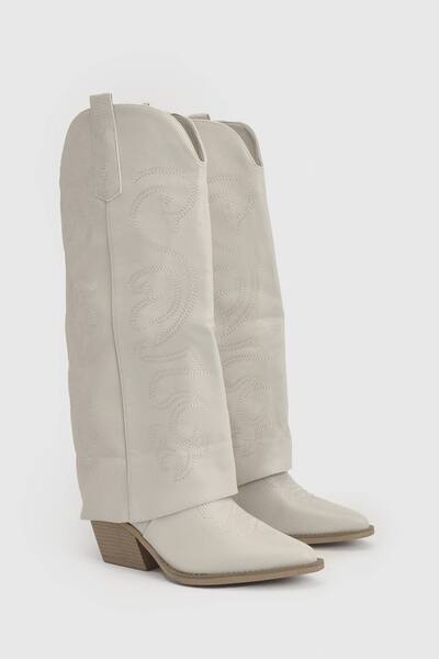  Boohoo Knee High Fold Over Western Boots, Cream 