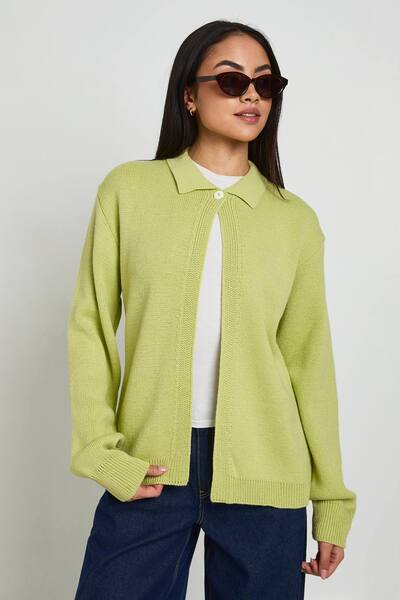  Boohoo Knitted Collared Cardigan Sweater, Sage 