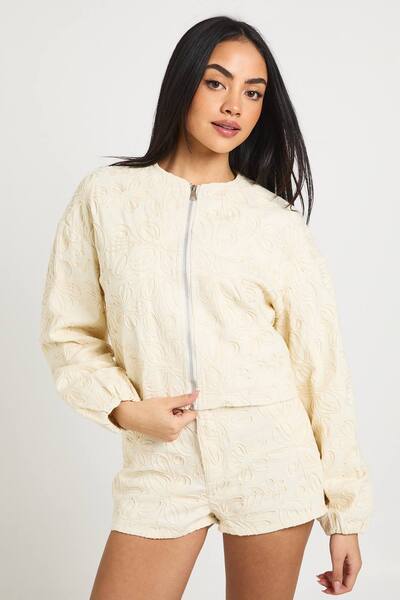  Boohoo Lace Detail Denim Bomber Jacket, Ecru 