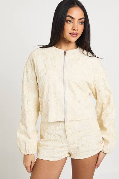  Boohoo Lace Detail Denim Mini Short, Ecru 