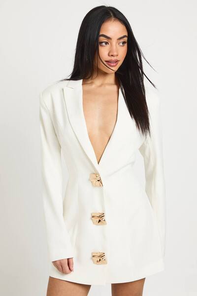  Boohoo Large Gold Button Trim Blazer Dress, Ivory 