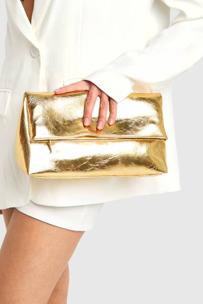  Boohoo Large Metallic Fold Over Clutch Bag, Gold 