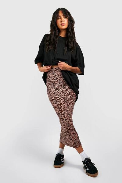  Boohoo Leopard Ribbed Midaxi Skirt, Stone 