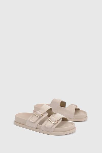  Boohoo Linen Adjustable Double Buckle Footbed Sliders, Natural 