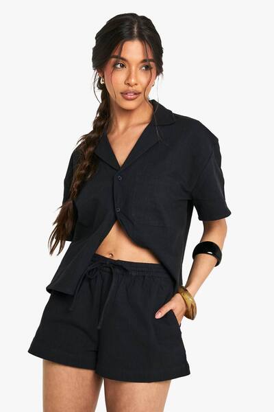  Boohoo Linen Look Drawstring Shorts, Black 