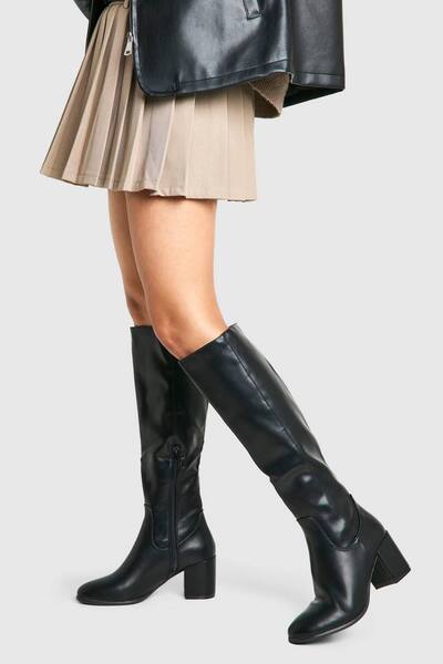  Boohoo Low Block Basic Pull On Knee High Boots, Black 