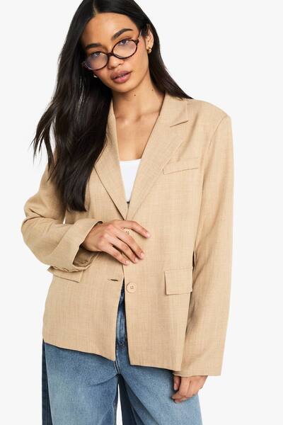  Boohoo Marl Flare Sleeve Oversized Blazer, Mocha 