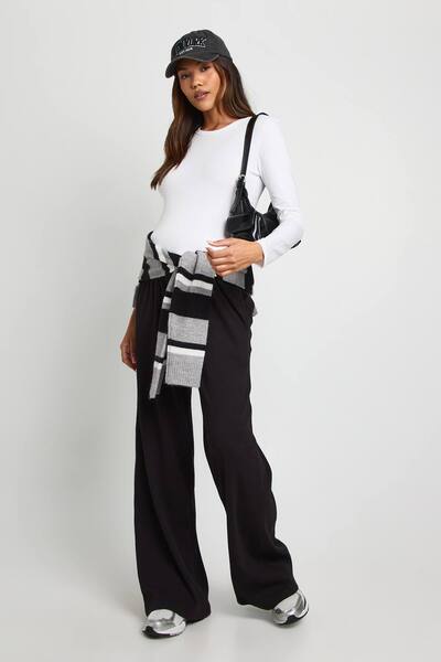  Boohoo Maternity Basic Rib Wide Leg Trouser, Black 