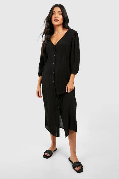 Boohoo Maternity Cheesecloth Button Down Midi Dress, Black 