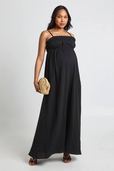  Boohoo Maternity Cheesecloth Maxi Smock Dress, Black 