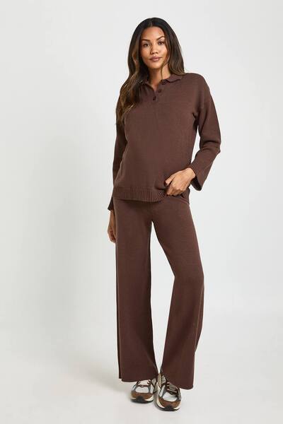  Boohoo Maternity Collared Button Down Jumper And Straight Leg Trouser Co-ord, Chocolate 