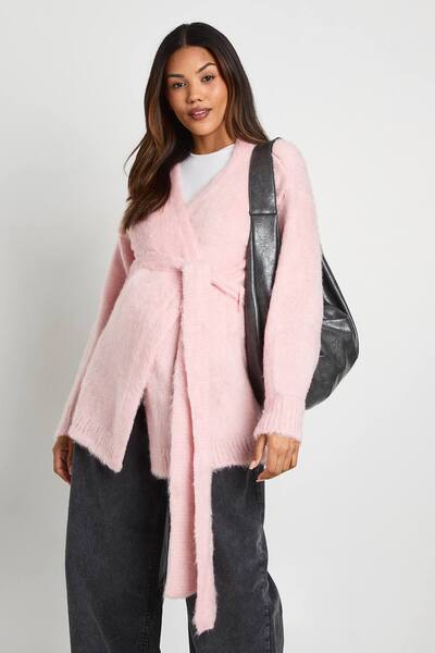  Boohoo Maternity Fluffy Belted Cardigan Sweater, Baby Pink 