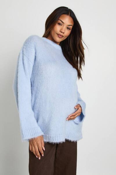  Boohoo Maternity Fluffy Crew Neck Oversized Jumper, Baby Blue 