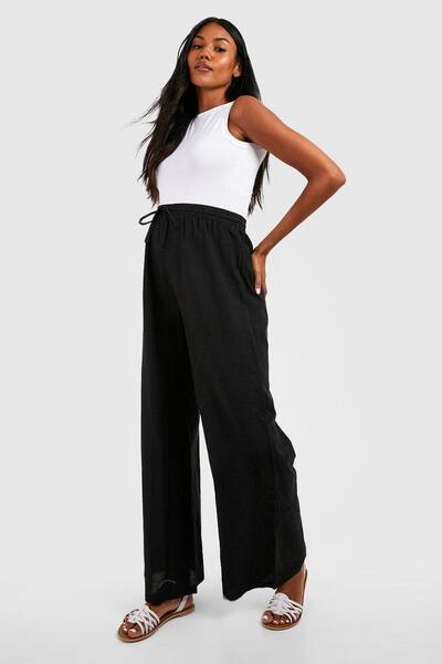  Boohoo Maternity Linen Look Drawstring Wide Leg Trousers, Black 