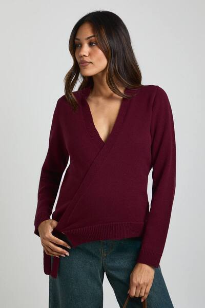  Boohoo Maternity Low Wrap Knitted Cardigan Sweater, Burgundy 
