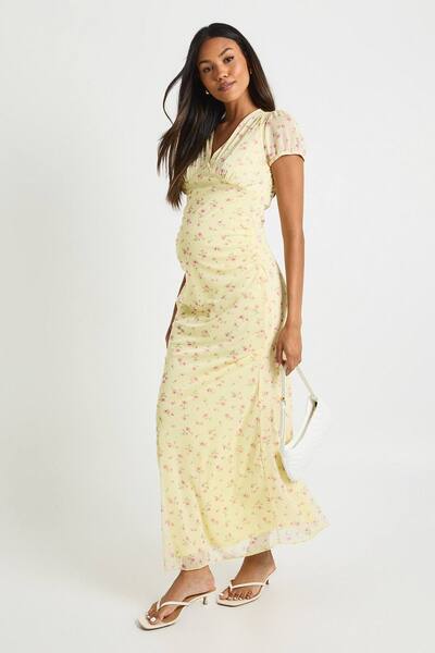  Boohoo Maternity Mesh Ditsy Midaxi Dress, Lemon 