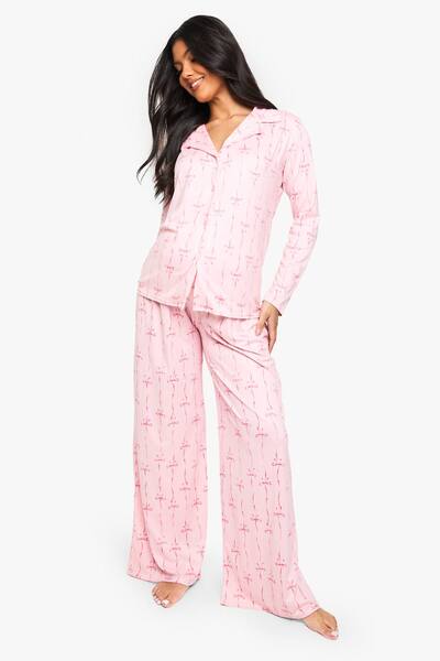  Boohoo Maternity Pink Bow Print Trouser Pj Set 