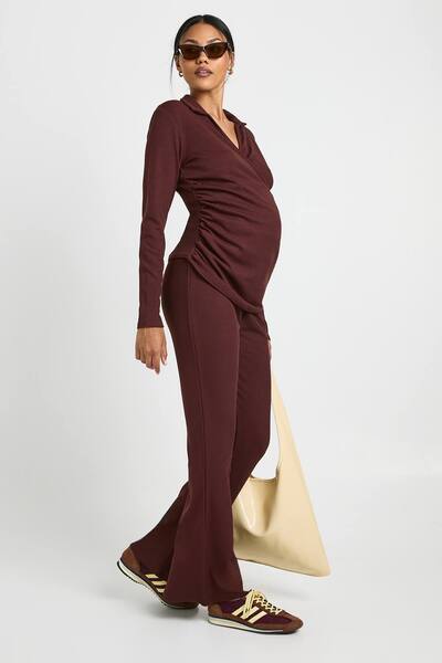  Boohoo Maternity Rib Wrap Top & Trouser Co-ord, Chocolate 