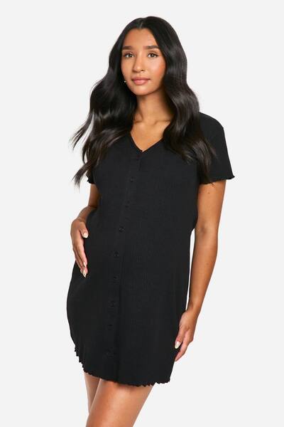  Boohoo Maternity Ribbed Button Down Nightie, Black 