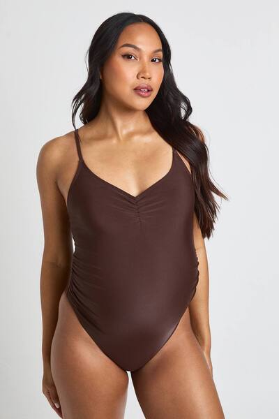  Boohoo Maternity Ruched Front Swimsuit, Chocolate 