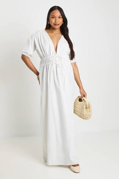  Boohoo Maternity Ruched Tie Front Maxi Dress, White 