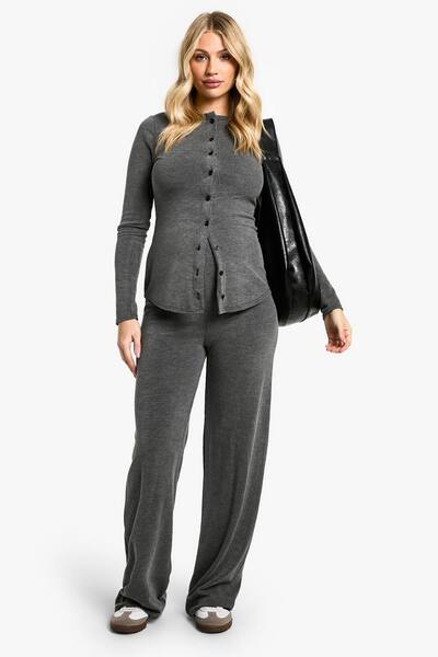  Boohoo Maternity Soft Knit Button Cardigan Sweater & Wide Leg Trouser, Charcoal 