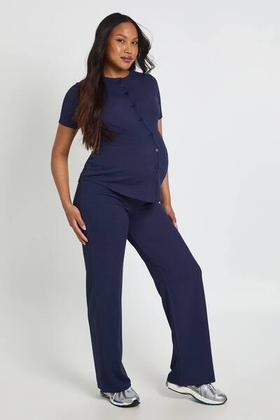  Boohoo Maternity Soft Knit Button Cardigan Sweater & Wide Leg Trouser, Navy 