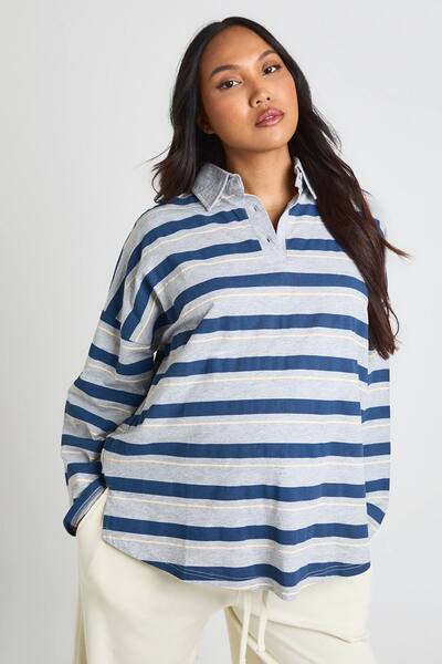  Boohoo Maternity Stripe Collared T-shirt, Navy 