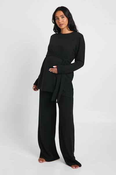  Boohoo Maternity Tie Waist Detail Crew Neck Lounge Set, Black 