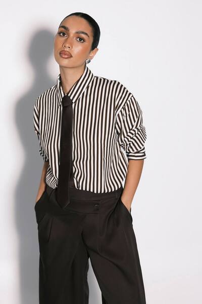  Boohoo Mixed Stripe Fitted Shirt, Chocolate 