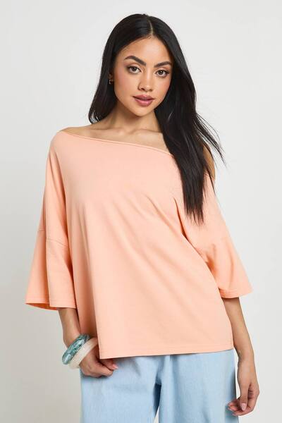  Boohoo Off The Shoulder Oversized T-shirt, Peach 