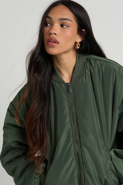  Boohoo Oversized Bomber Jacket, Khaki 