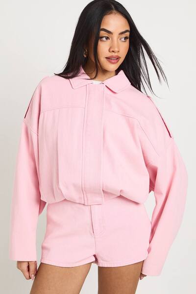  Boohoo Oversized Denim Bomber Jacket, Pink 