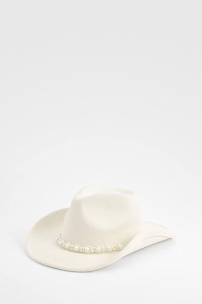 Boohoo Pearl Detail Western Cowboy Hat, White 
