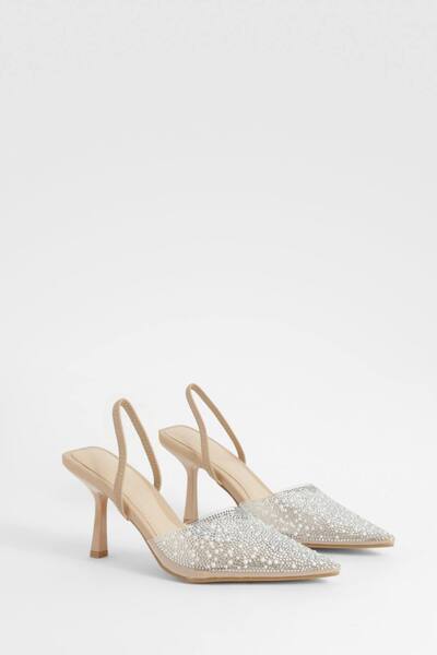  Boohoo Pearl Embellished Slingback Court Heels, Nude 